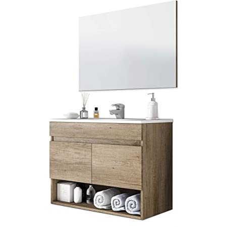 305004BO 58 x 40 x 2 cm Lavabo Incluido ARKITMOBEL Mueble de baño pequeño Compact suspendido Color Blanco y Darby Aseo Estilo Moderno 